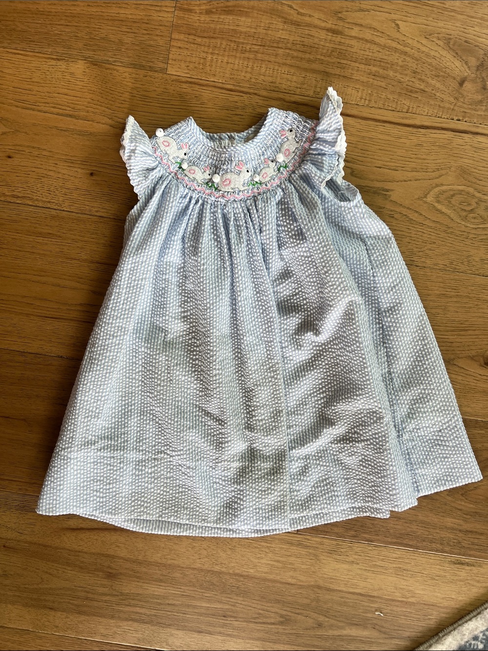 Smocked Easter Bunny Light Blue Seersucker Girls Dress